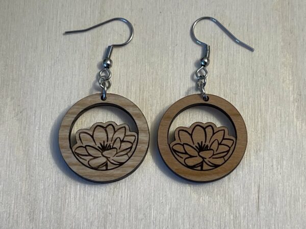 Wooden lotus flower dangle earrings, in ash or cherry woods.