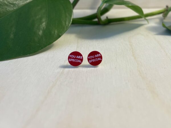 Acrylic you are special stud earrings, in red and white