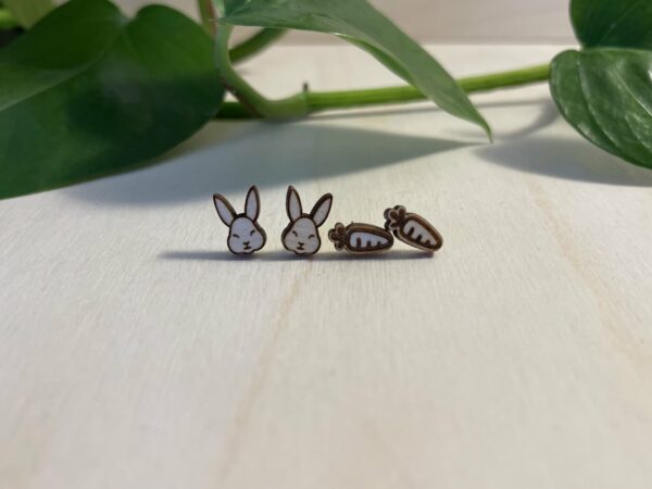 Wooden Easter bunny and carrot stud earrings.