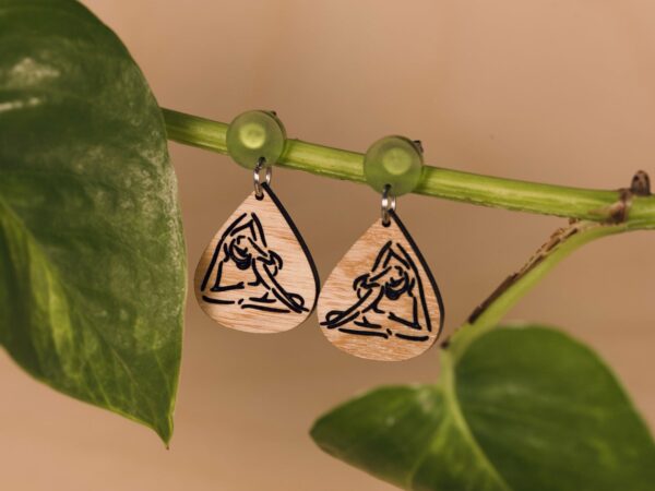Acrylic and wood teardrop dangle earrings, with a yoga inspired theme