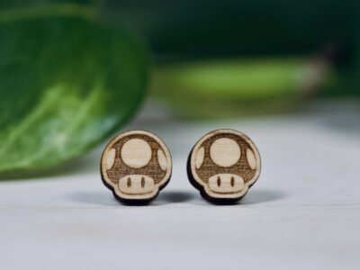 Wooden Mario inspired mushroom stud earrings